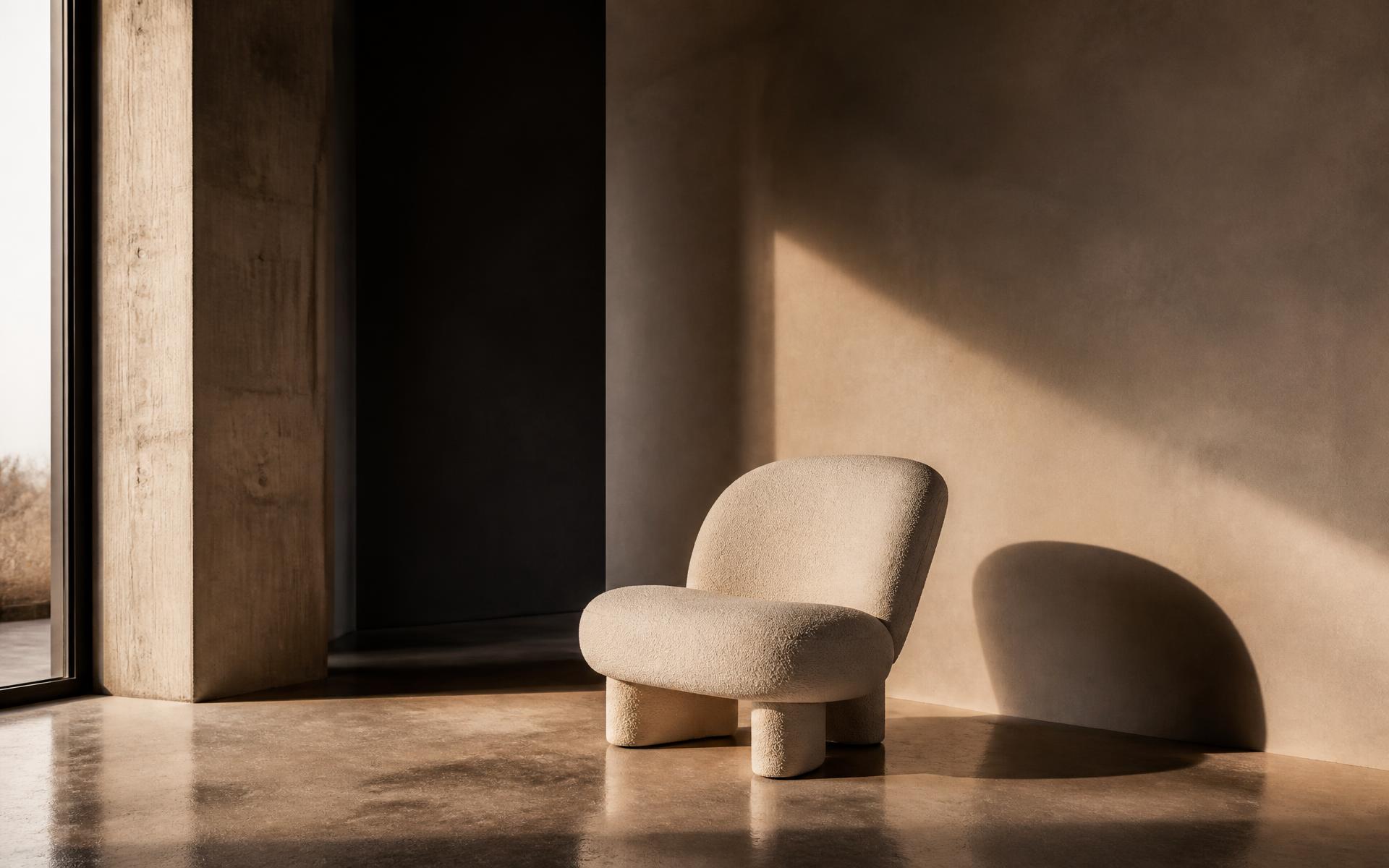 Minimal bouclé lounge chair in a sunlit concrete interior