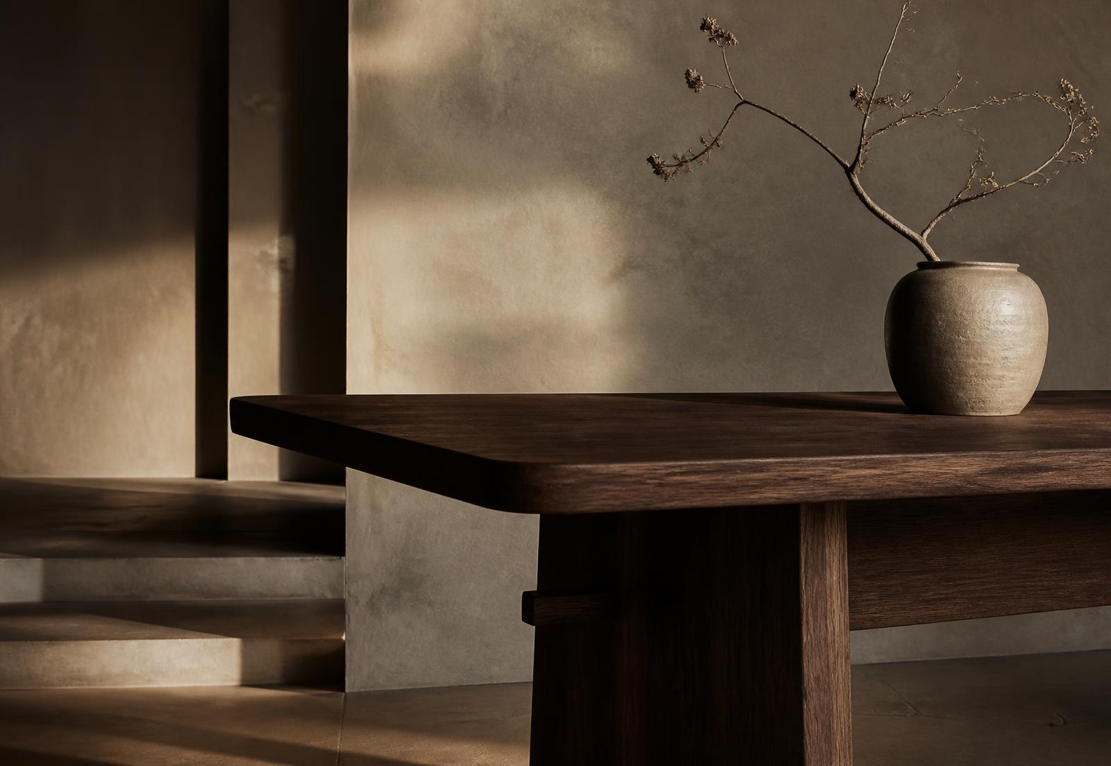 Warm interior detail with ceramic vessel